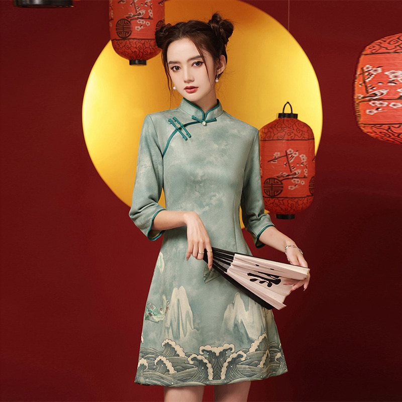 Green Chinese Cheongsam For Woman Chamois Leather ..